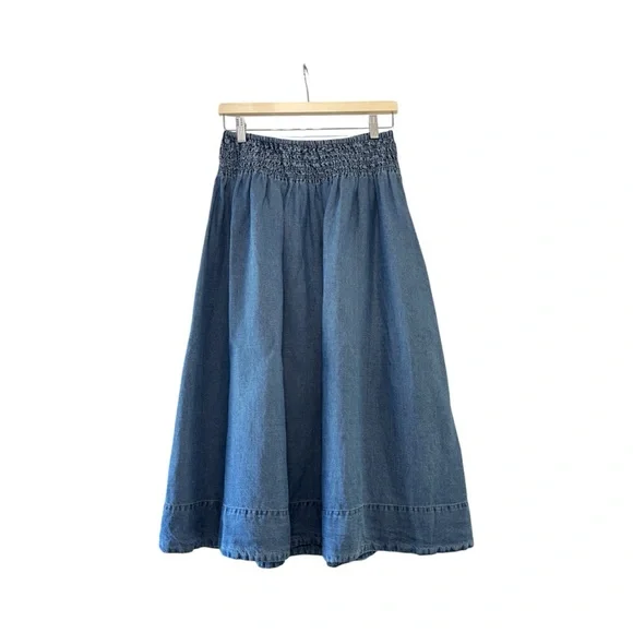 Marine Layer Bea Chambray Midi Skirt Smocked Waist Soft Flowy Cottagecore Small - Picture 2 of 10